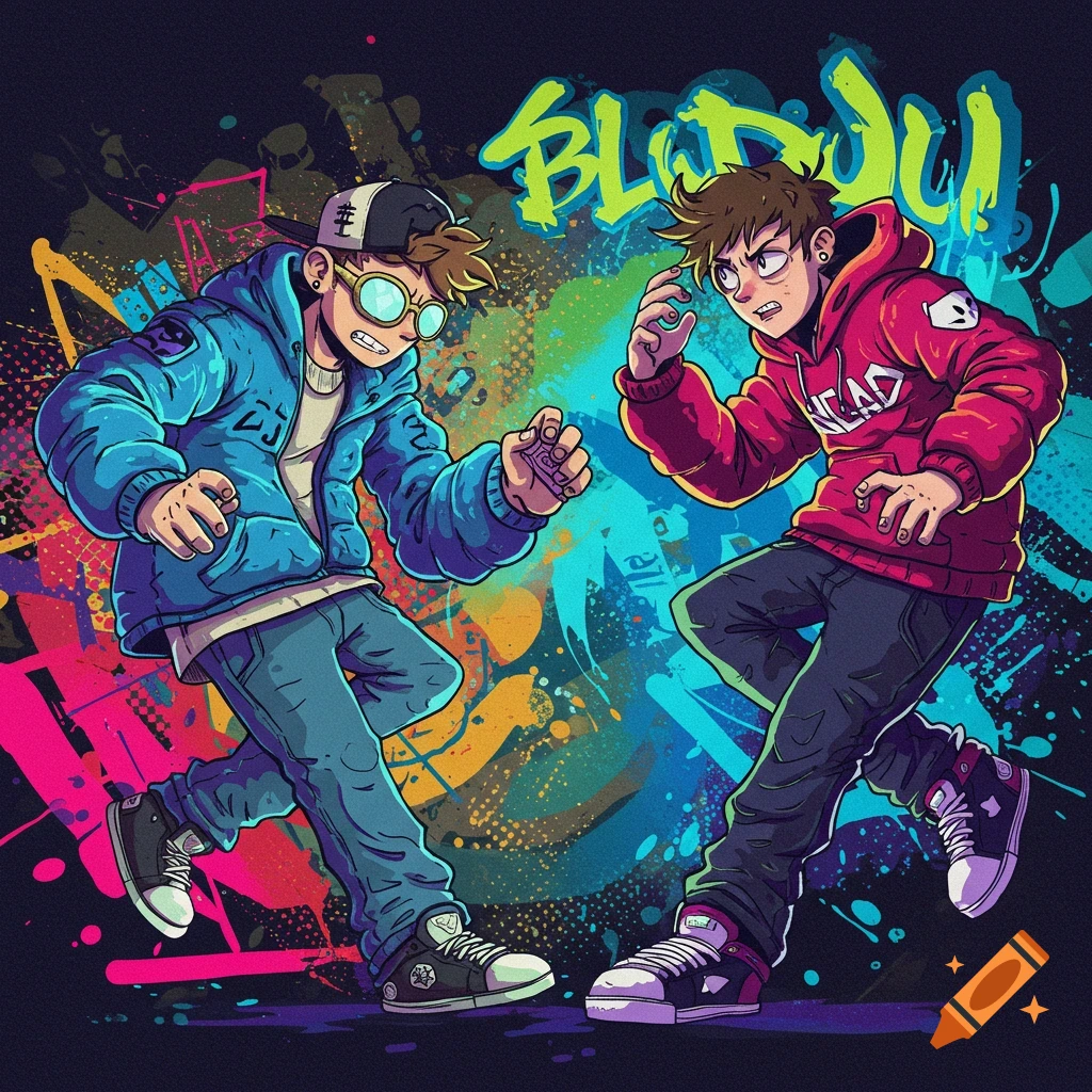 Two stylized cartoon characters in dynamic poses against a vibrant graffiti background.