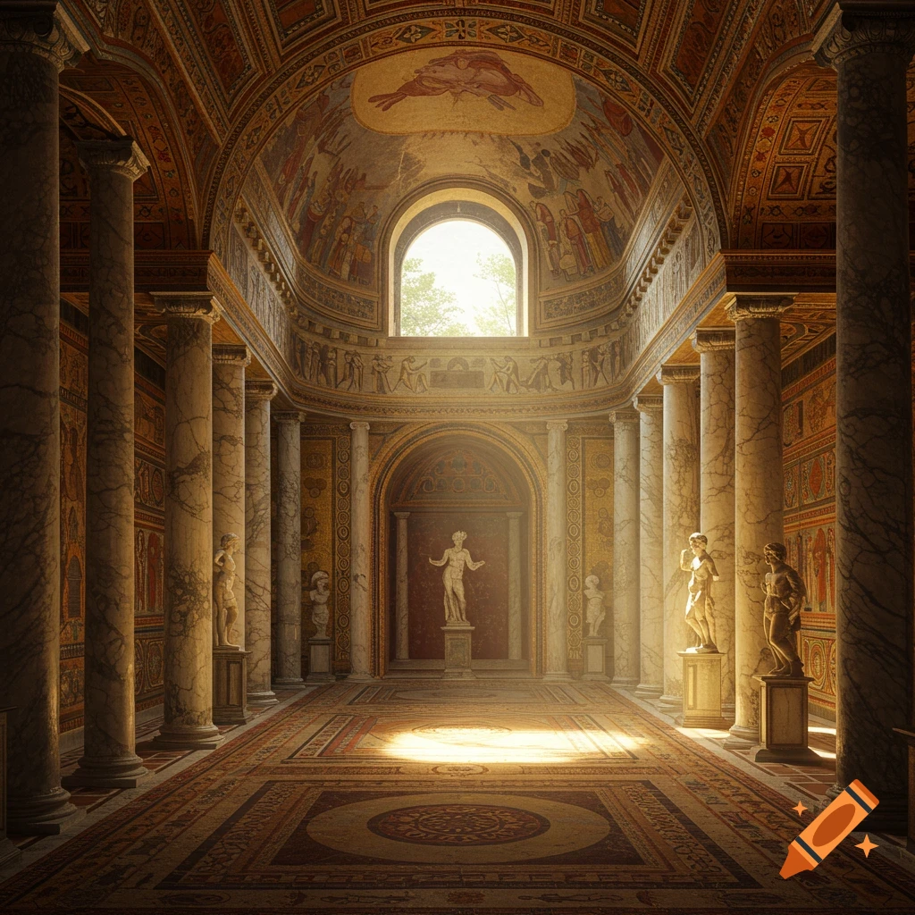Grand classical interior with marble columns, statues, and sunlit patterned floor