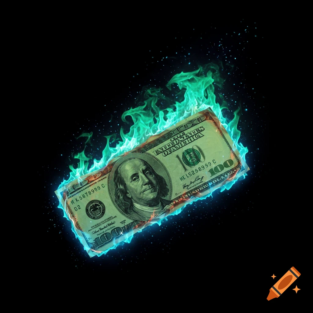 A hyper-realistic hundred-dollar bill burns with green and blue flames on a black background.