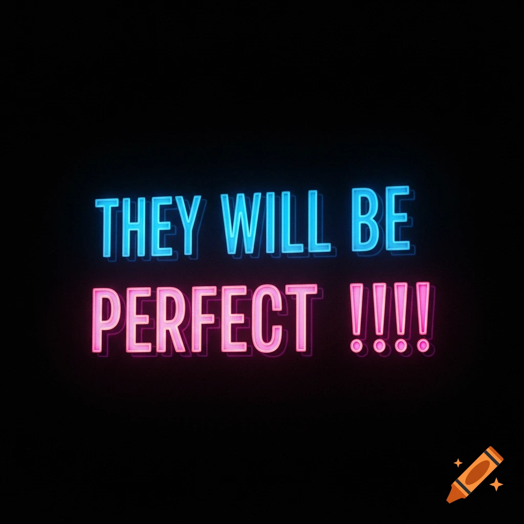 Blue and pink neon sign reads 'THEY WILL BE PERFECT !!!!' on a black background