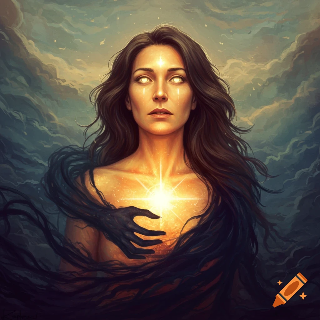 A woman with glowing eyes and chest, surrounded by dark tendrils against a cloudy sky.