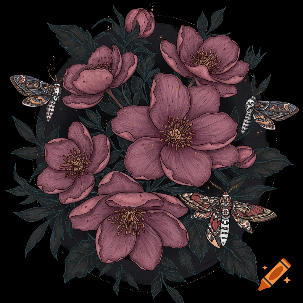 A dark image of purple flowers and moths against a black background.