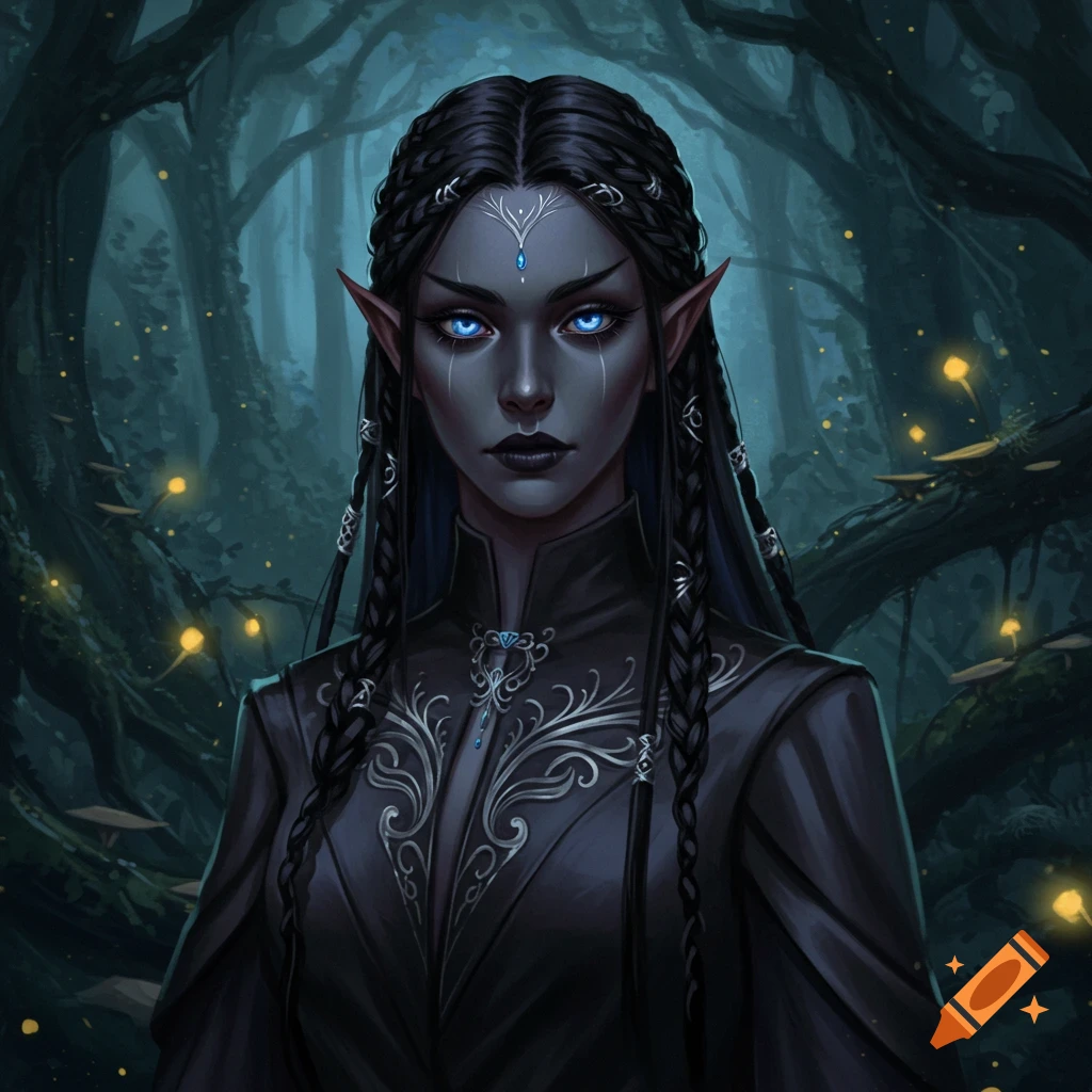 A dark elf with piercing blue eyes standing in a dark forest.