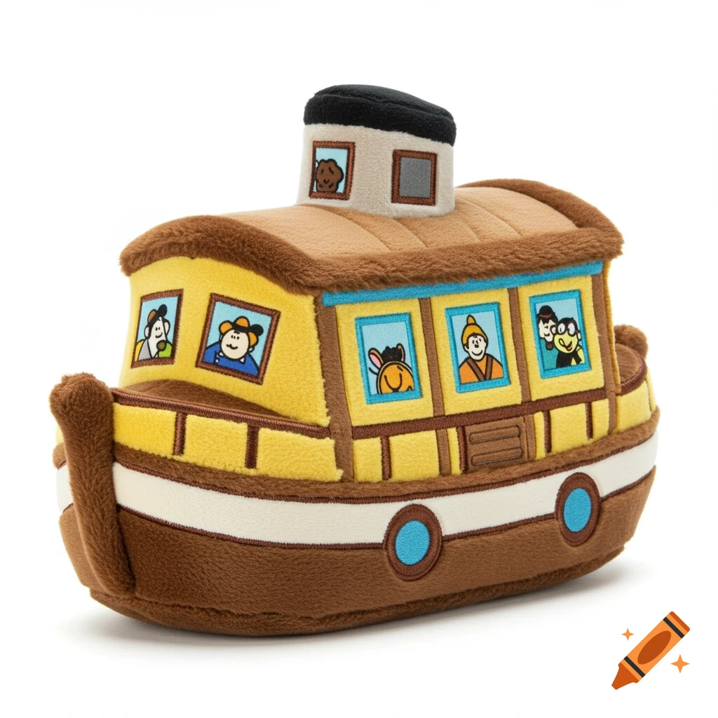 A plush toy shaped like a boat with cartoon animals in the windows.