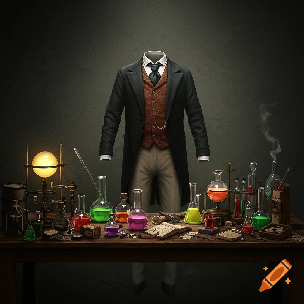 A Victorian suit standing behind a table full of science beakers and lab equipment.