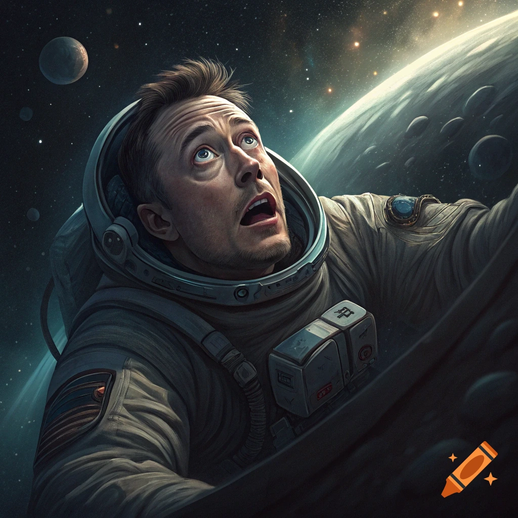 Illustration of a terrified Elon Musk in a spacesuit in space with a planet and asteroids.