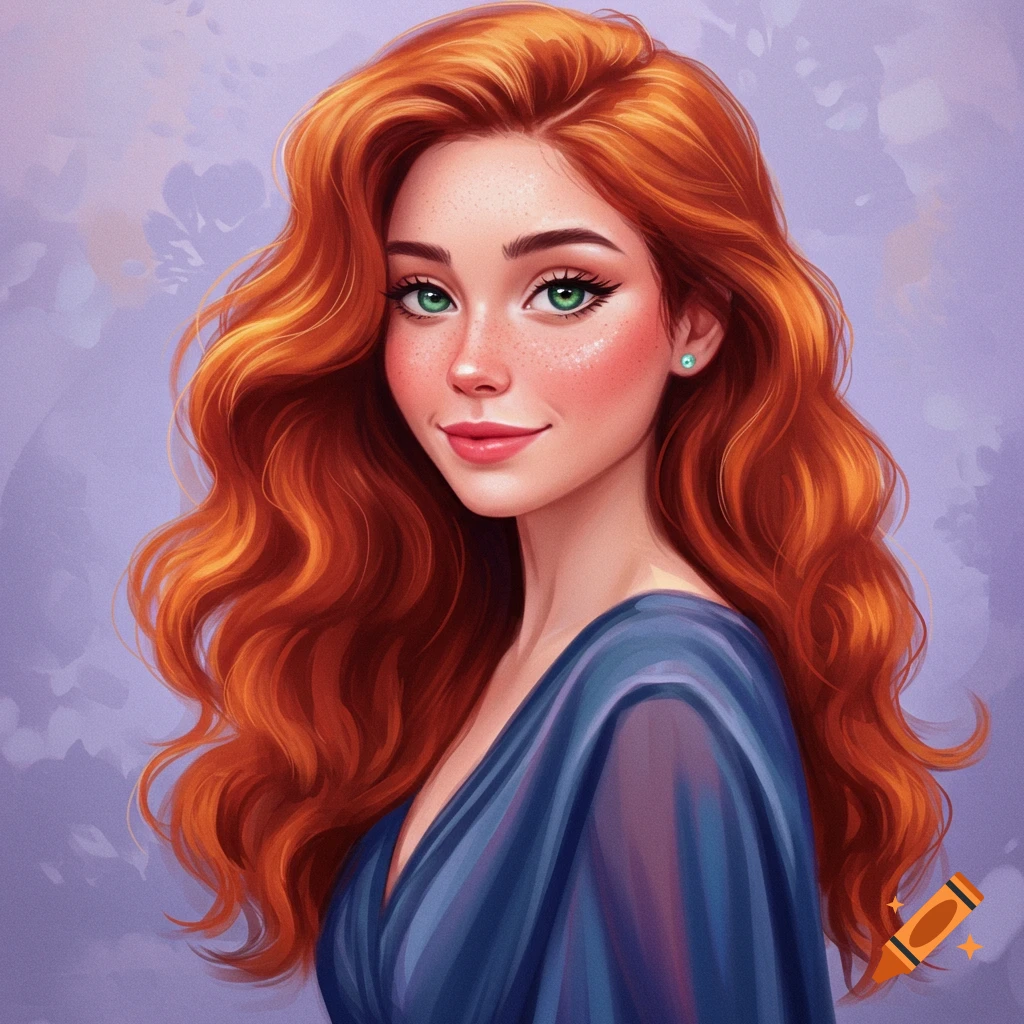 A red-haired woman with green eyes and freckles.