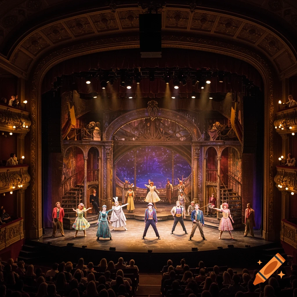 Wide shot of a stage play performance in a theatre with actors on stage.