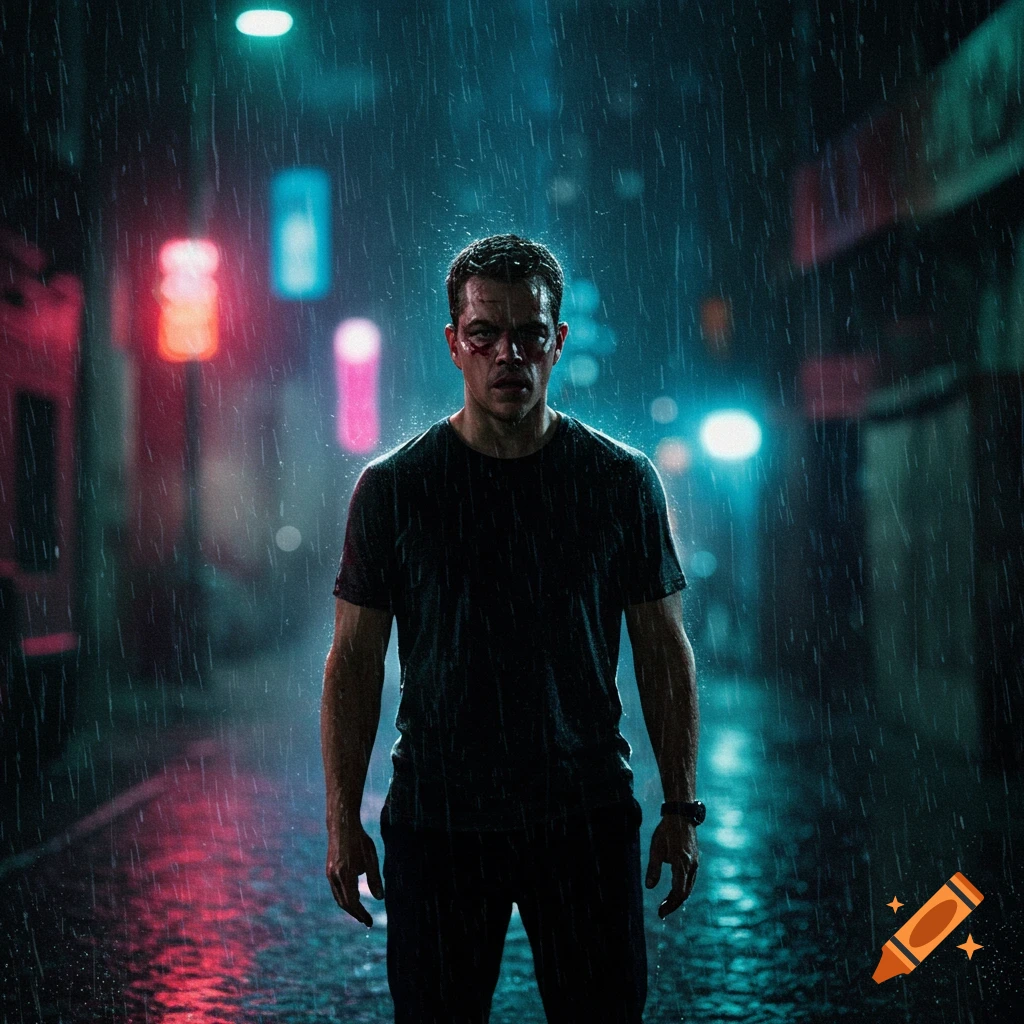 Man with facial wounds stands in a rainy city street at night, dramatic scene.