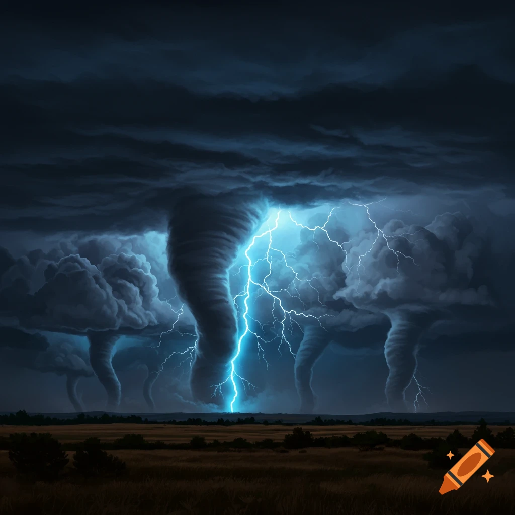 Dark storm with multiple tornadoes and bright lightning over a field.