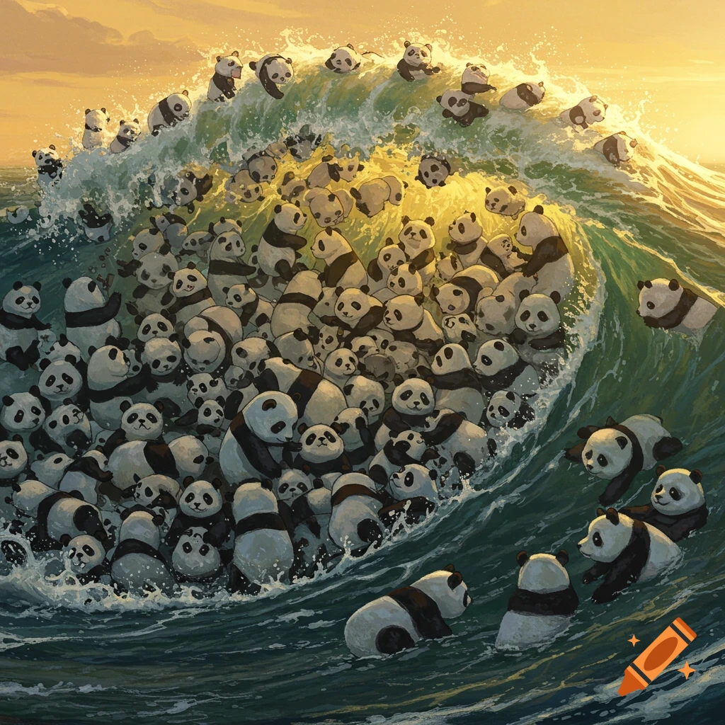 Many pandas forming and riding a large ocean wave at sunset.