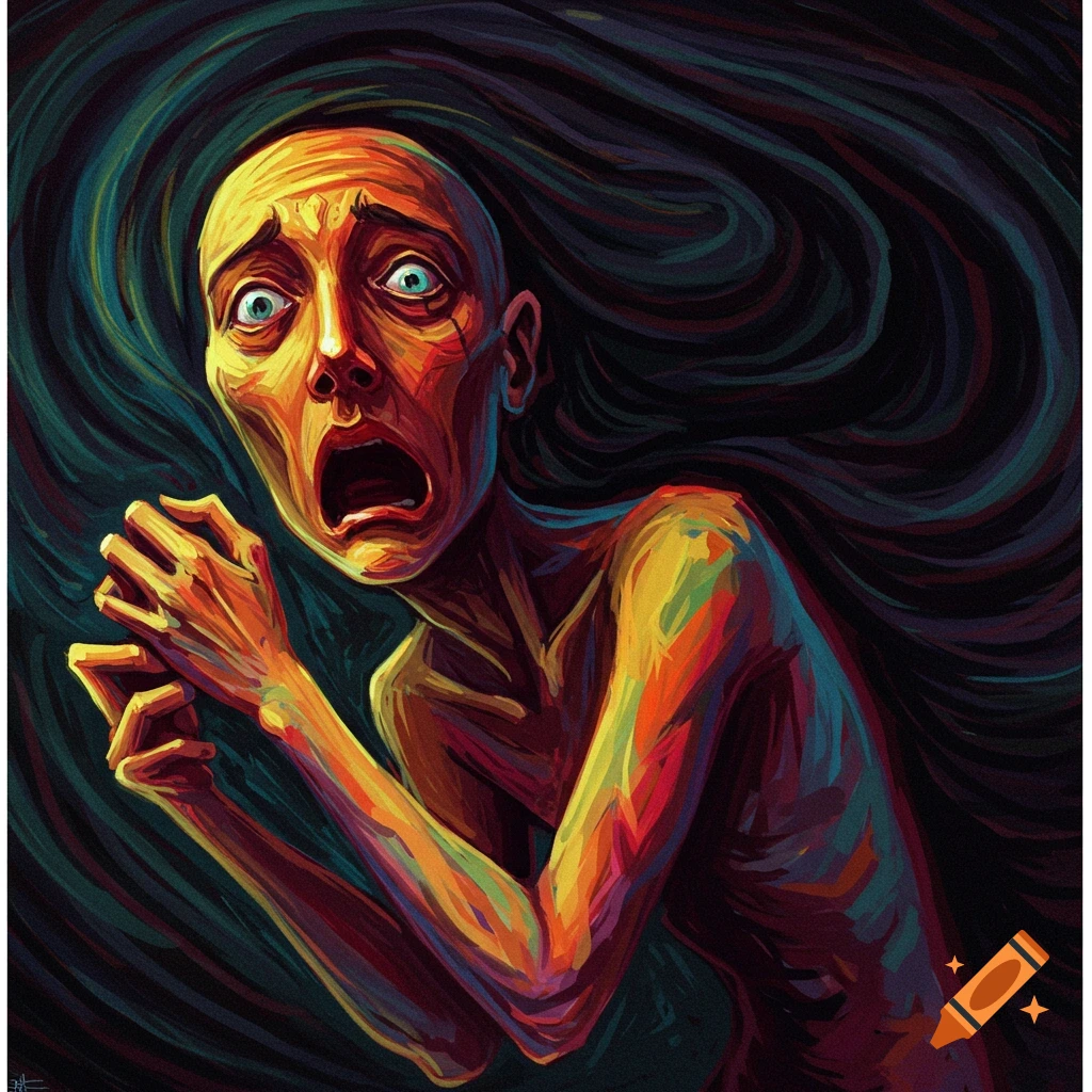 A contorted figure with hands clasped showing intense fear.