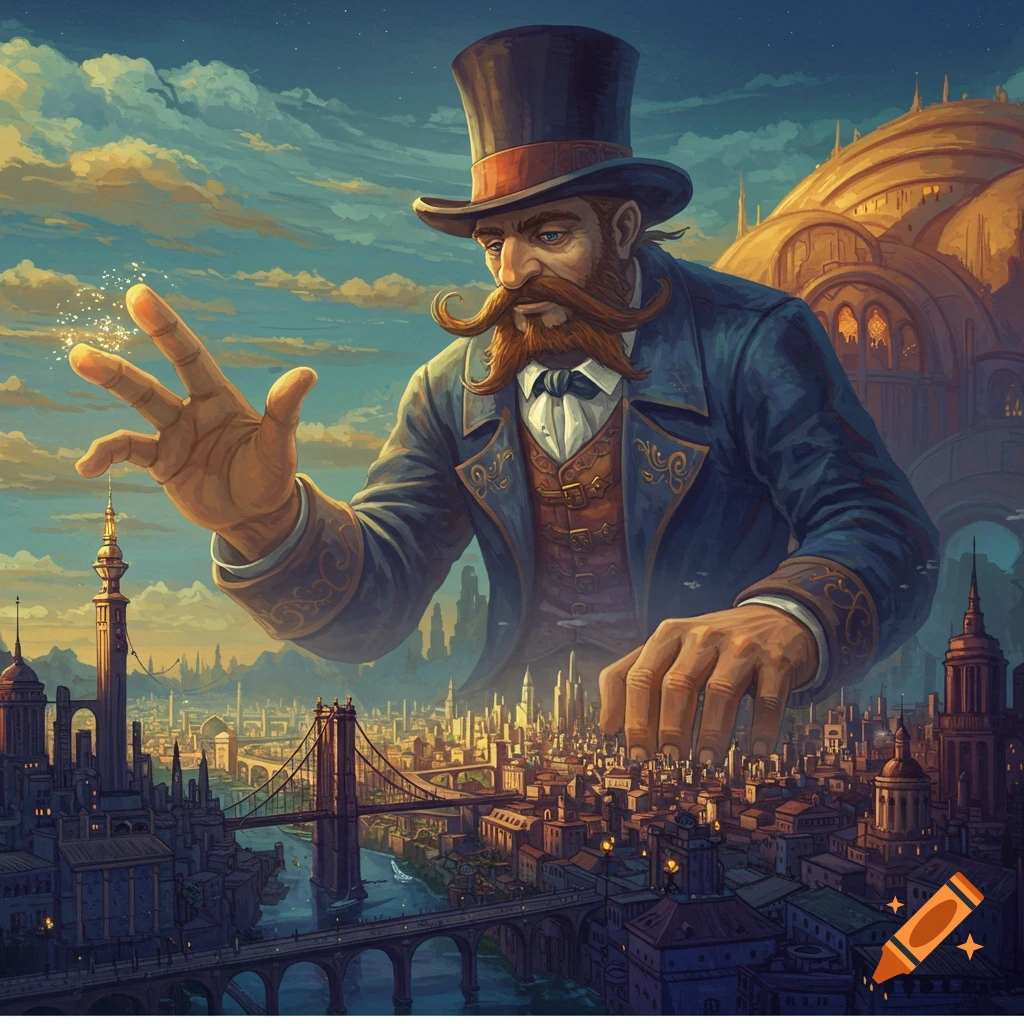 A giant man in a top hat looks down at a sprawling city, his hands outstretched over it.