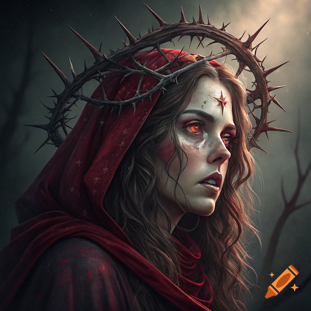 A woman with red eyes and a red hood wears a large crown of thorns in this dark fantasy portrait.