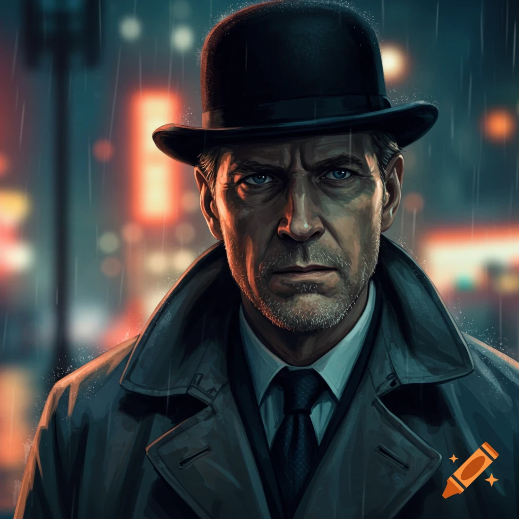 A man in a bowler hat and trench coat standing in the rain.