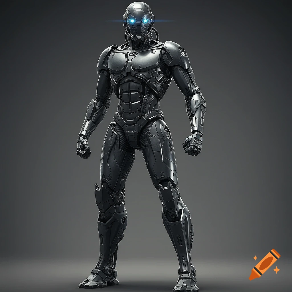 A black metallic robot stands in a neutral pose with glowing blue eyes.