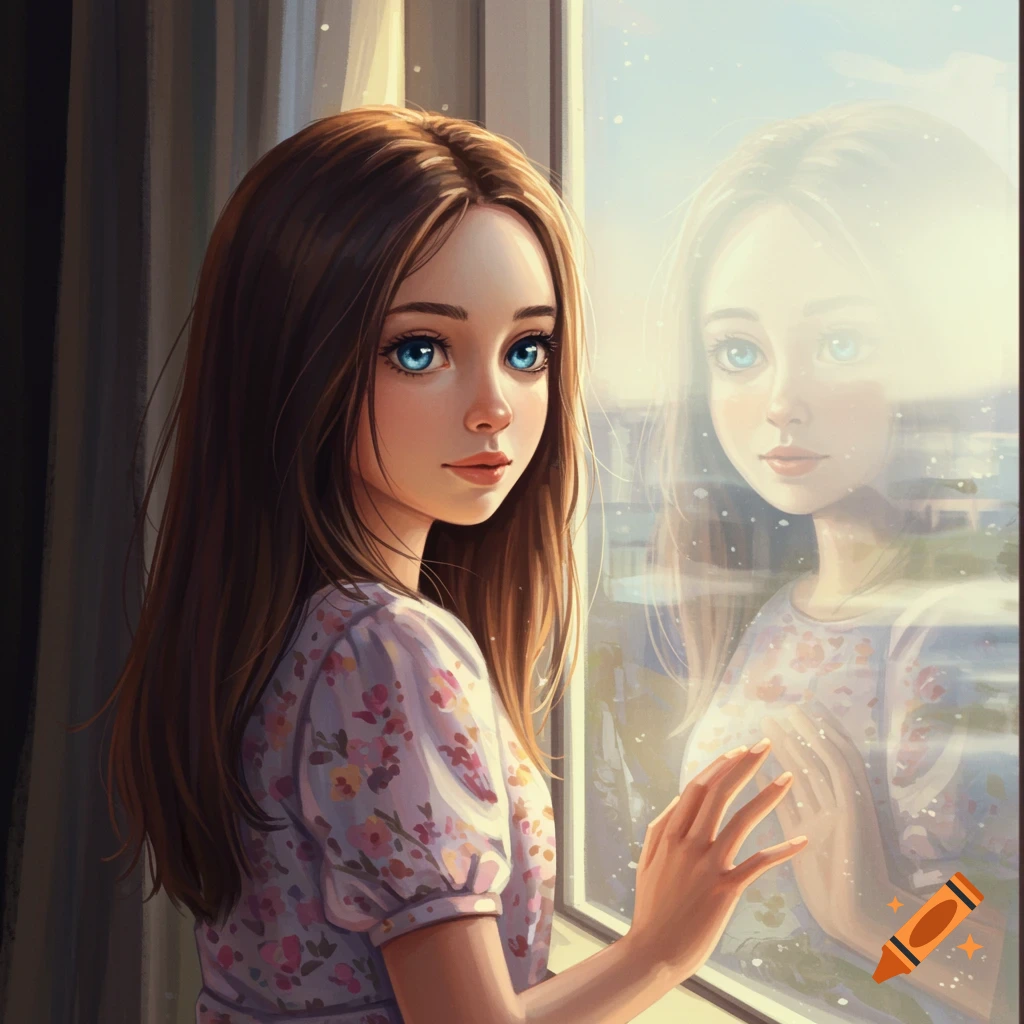 A young girl with blue eyes and long hair looks at her reflection in a sunny window. She wears a floral dress.