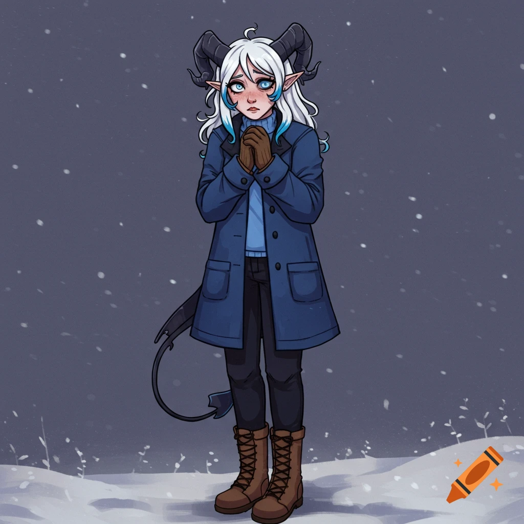 Illustration of a fantasy character with horns and tail in a snowy landscape.