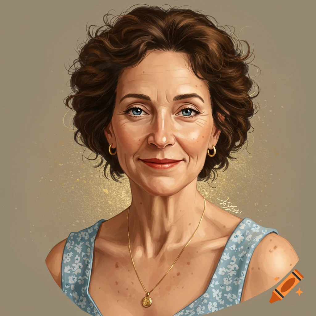 Portrait of a woman with short curly hair wearing a blue floral top and gold necklace.