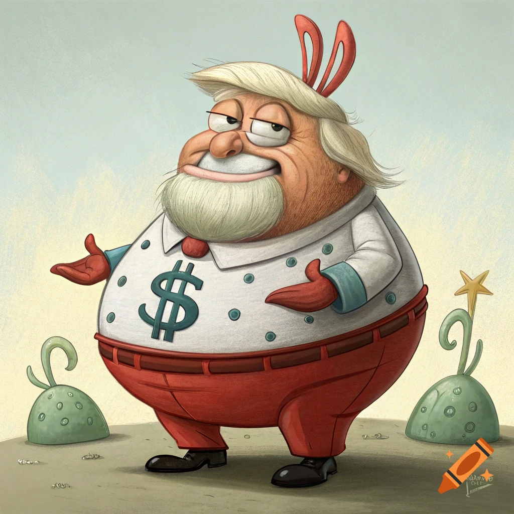 Cartoon character combining Donald Trump and Mr. Krabs, wearing a dollar sign shirt, red pants, and bunny ears.