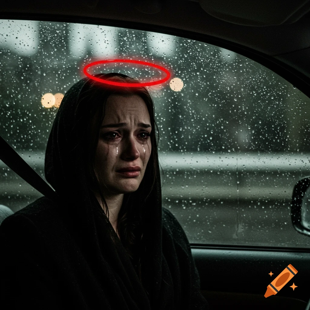 A woman with a red glowing halo cries in a car as rain streaks the window.