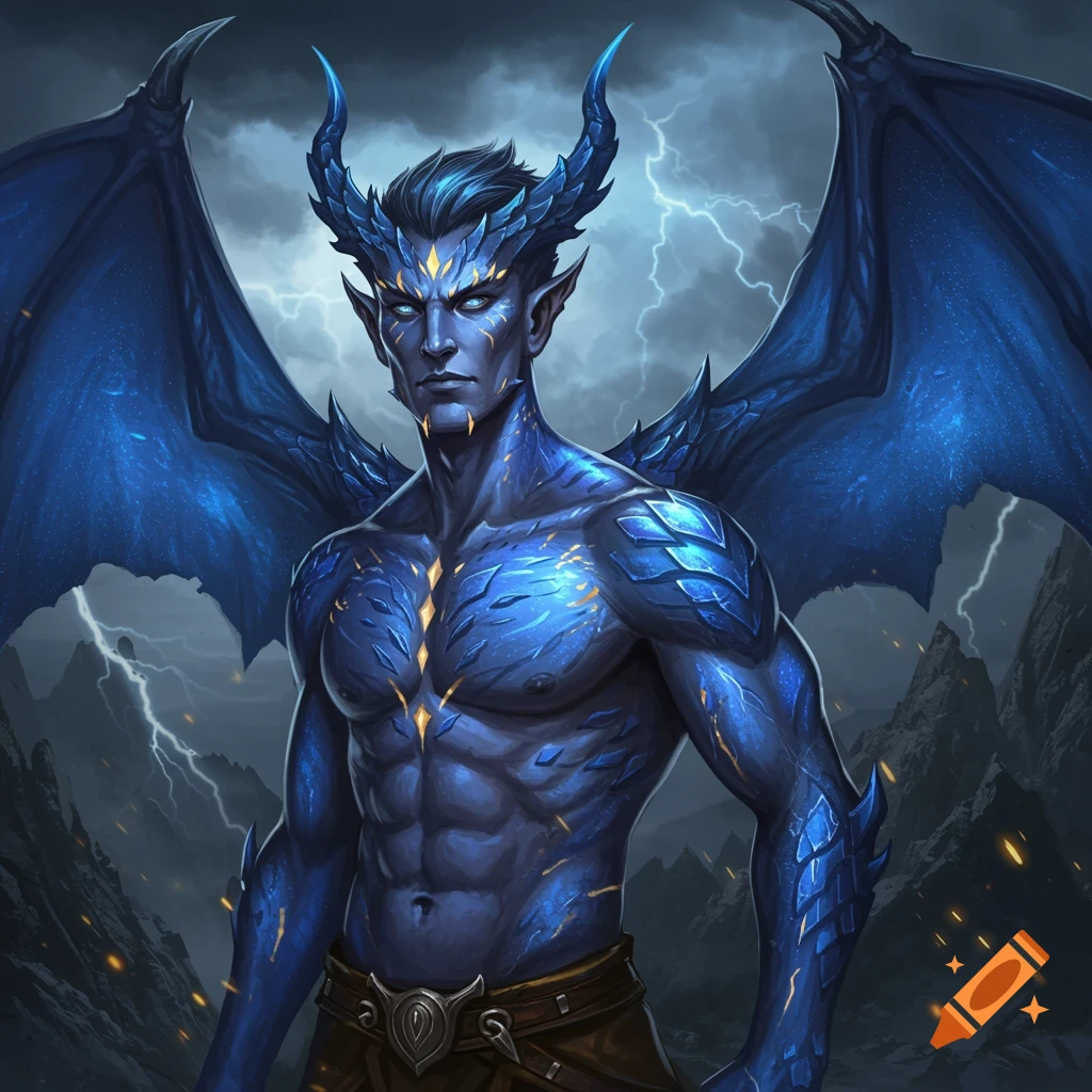 A blue-skinned man with dragon wings and horns stands in a stormy mountain landscape.