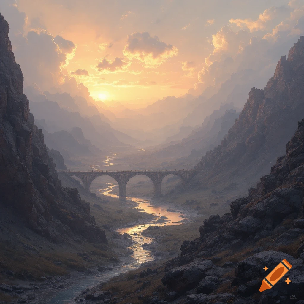 A bridge over a winding river in a misty mountain valley at sunset.