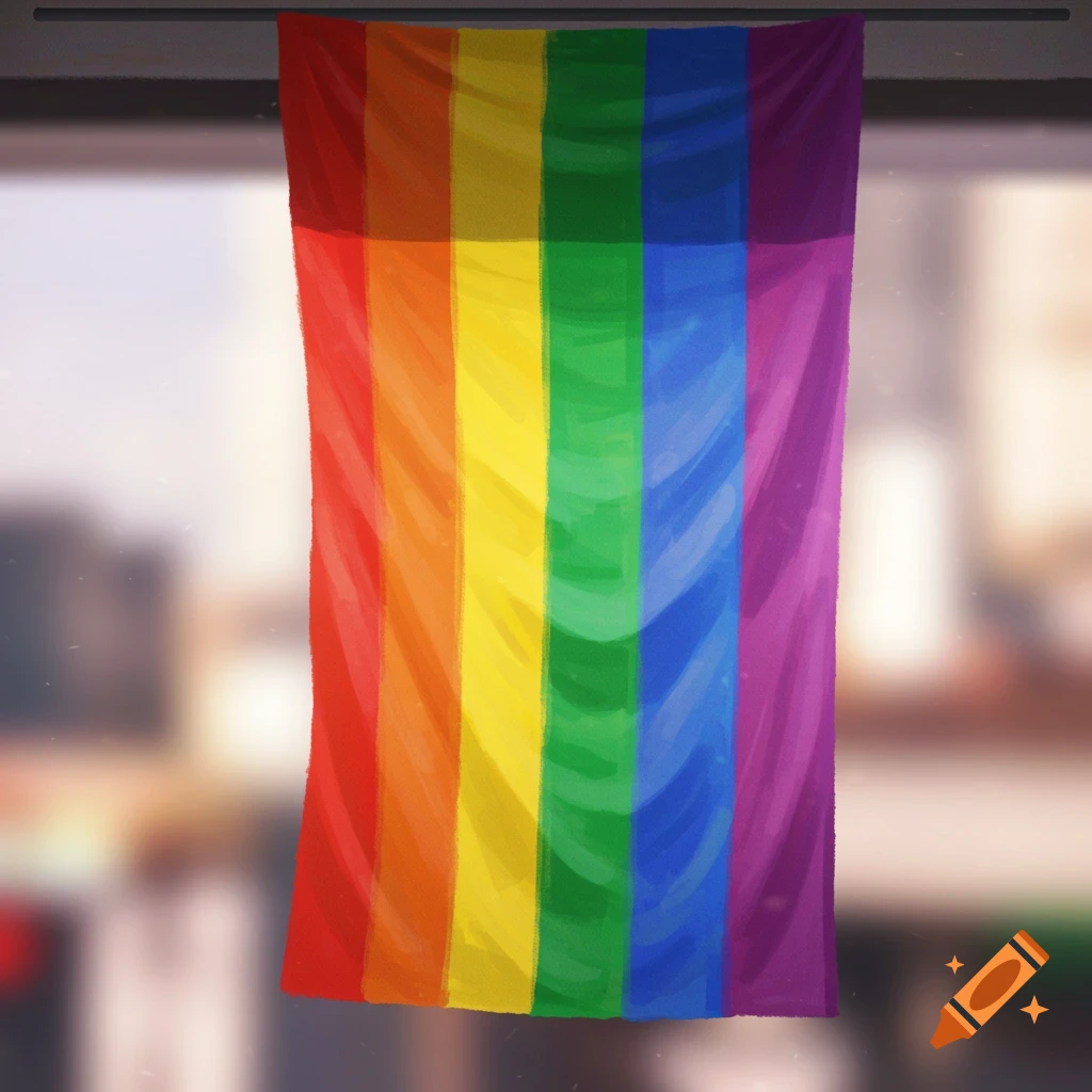A vibrant rainbow pride flag hanging in a window with a blurred cityscape background.