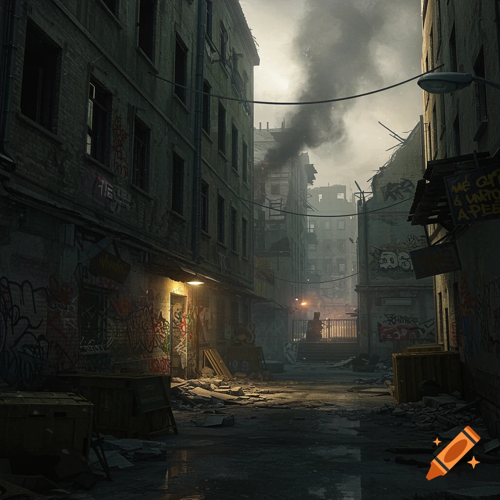 A war-torn urban alley with destroyed buildings, graffiti, debris, and smoke.