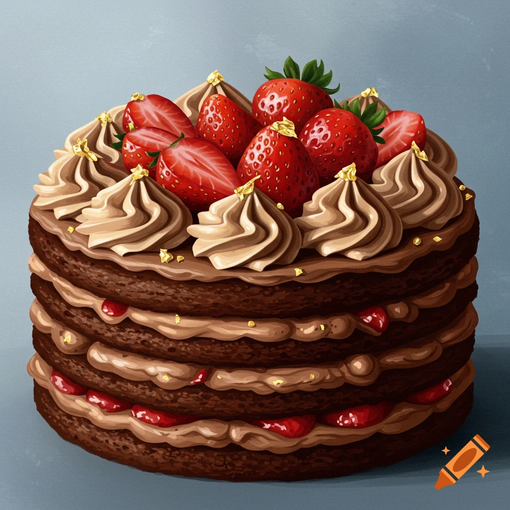 A layered chocolate cake with cream frosting, strawberries, and gold flakes.