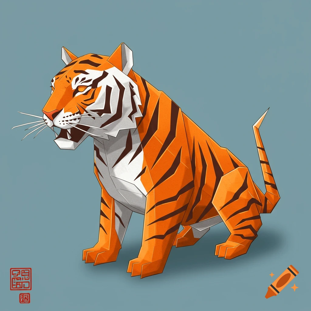 A sitting polygonal origami tiger.
