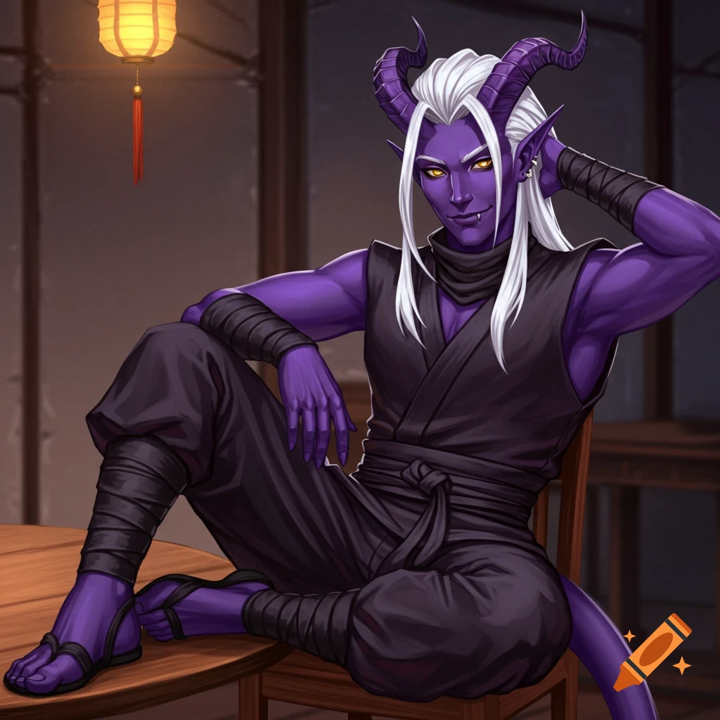 A male tiefling with purple skin, white hair, and yellow eyes is wearing black ninja clothes. He is sitting with his legs on a table and smirking.