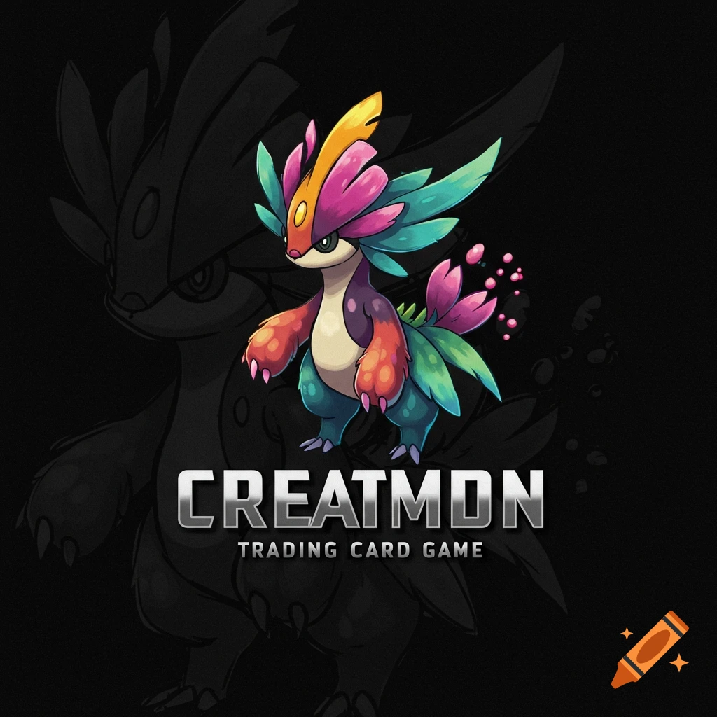 Cartoon illustration of a colorful fantasy creature with text "CREATMON TRADING CARD GAME" on a black background.
