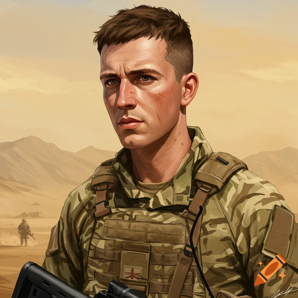 Portrait of a British soldier in uniform in a desert.