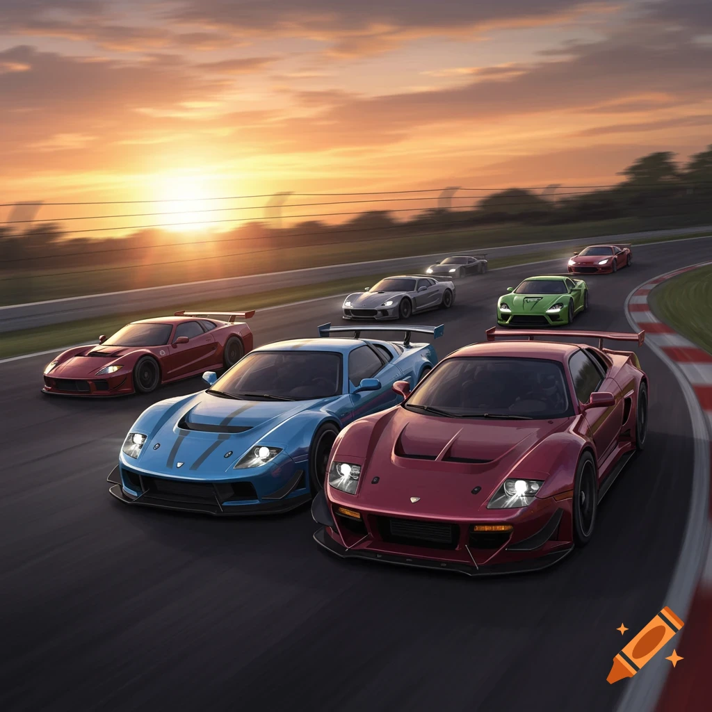 Fast cars racing on a track at sunset.