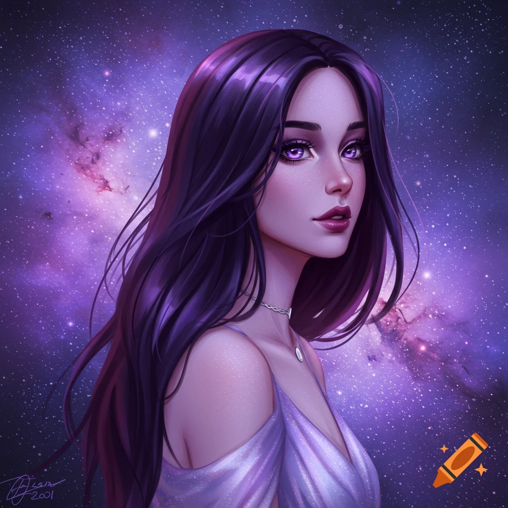 A woman with vibrant purple hair and striking purple eyes is set against a swirling, starry galaxy background.