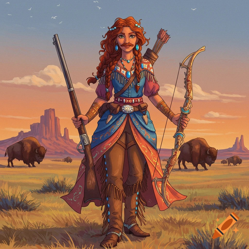 a stylized woman with a mustache in ornate western clothing, holding a rifle and bow in a desert landscape with buffalo