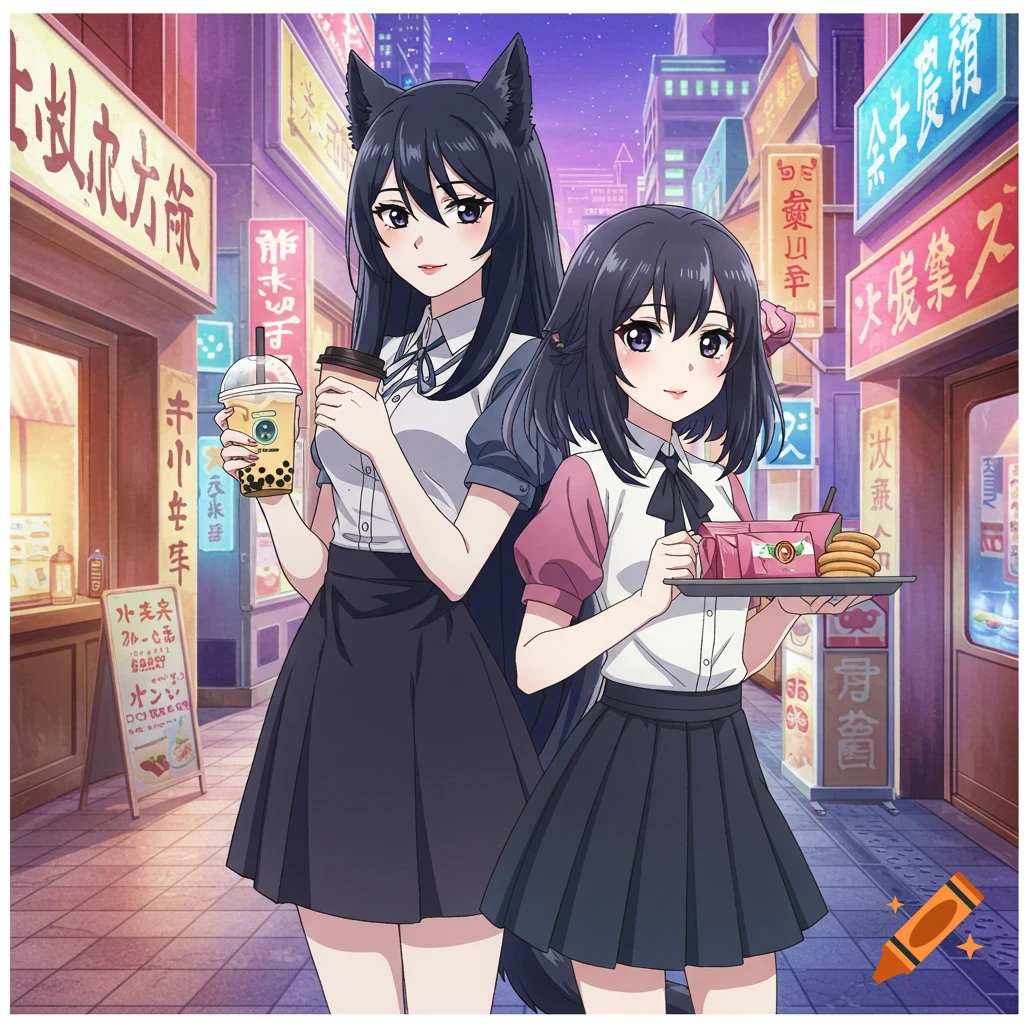 Two anime characters, one with wolf ears, on a city street with neon signs, holding drinks and a tray.