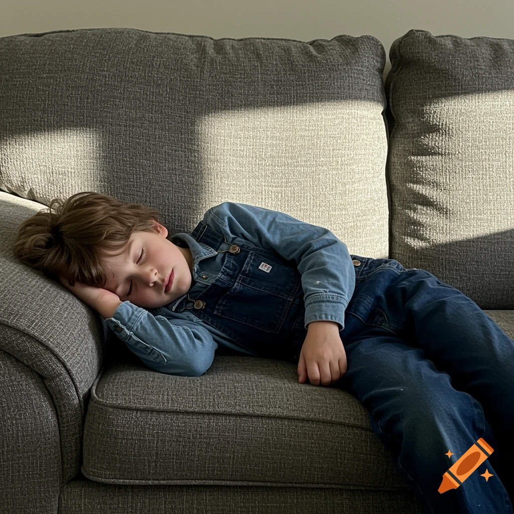 A young boy in denim overalls is sleeping on a grey couch in a sunlit room. Photo.