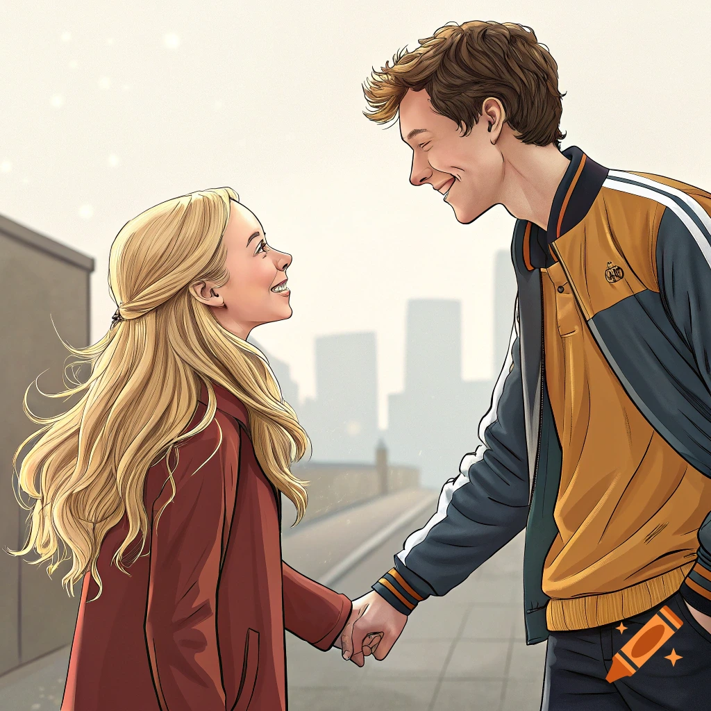 Illustration of a blonde girl and a man holding hands and smiling at each other with a city in the background.