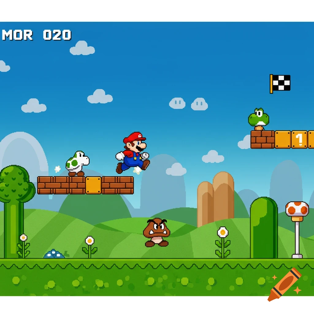 Pixel art scene from a Super Mario game, showing Mario and Yoshi on platforms, a Goomba, and obstacles.