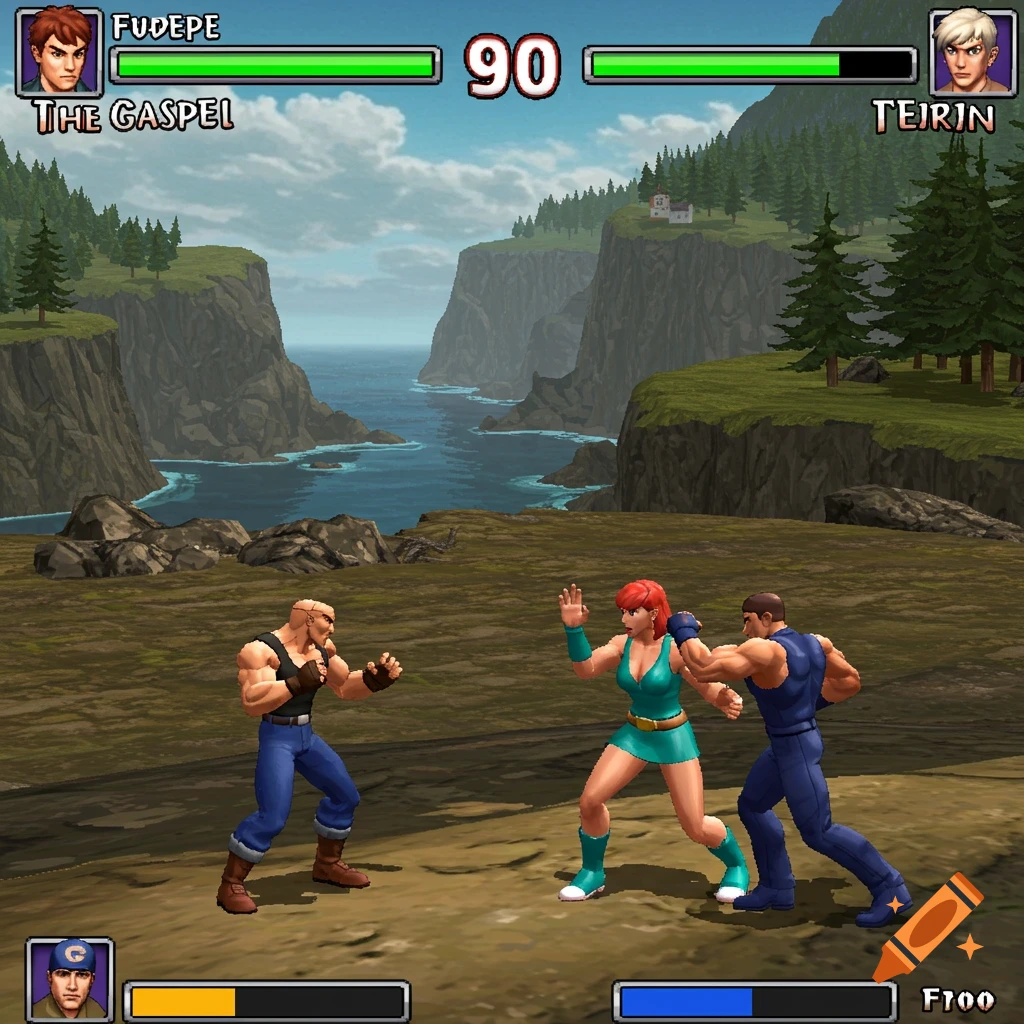 A 3D fighting game screen showing three characters fighting in a coastal landscape with UI elements.