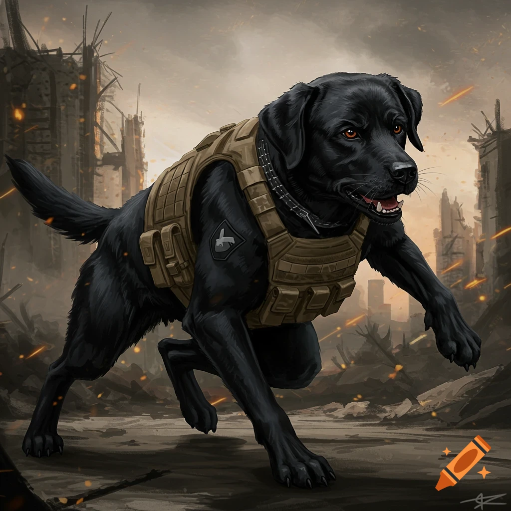A black lab dog in special forces gear runs through a ruined city.