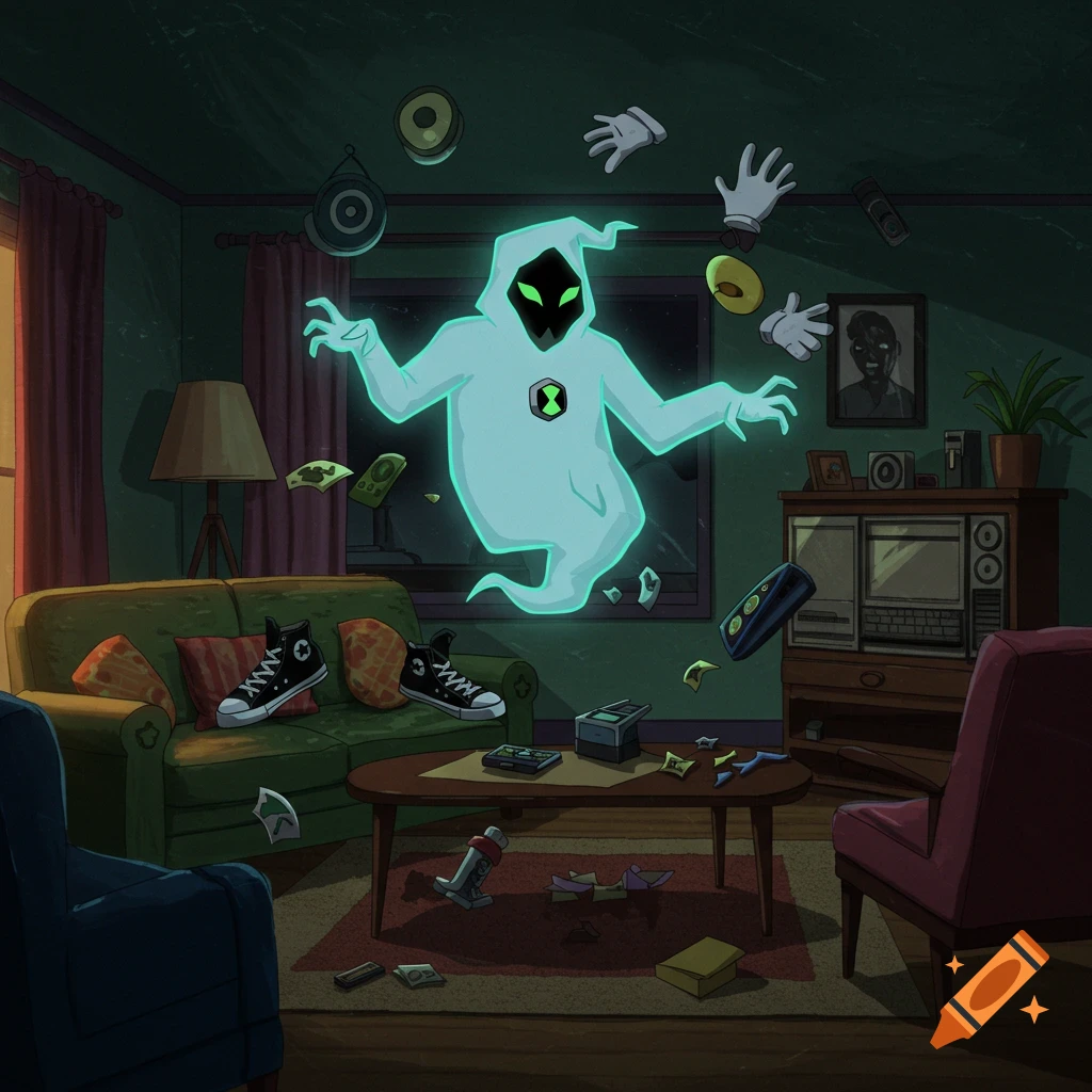Ghostfreak hovers in a living room with levitating objects and walking shoes.