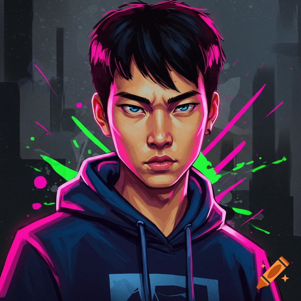 A young man in a hoodie with blue eyes and neon splashes in the background.