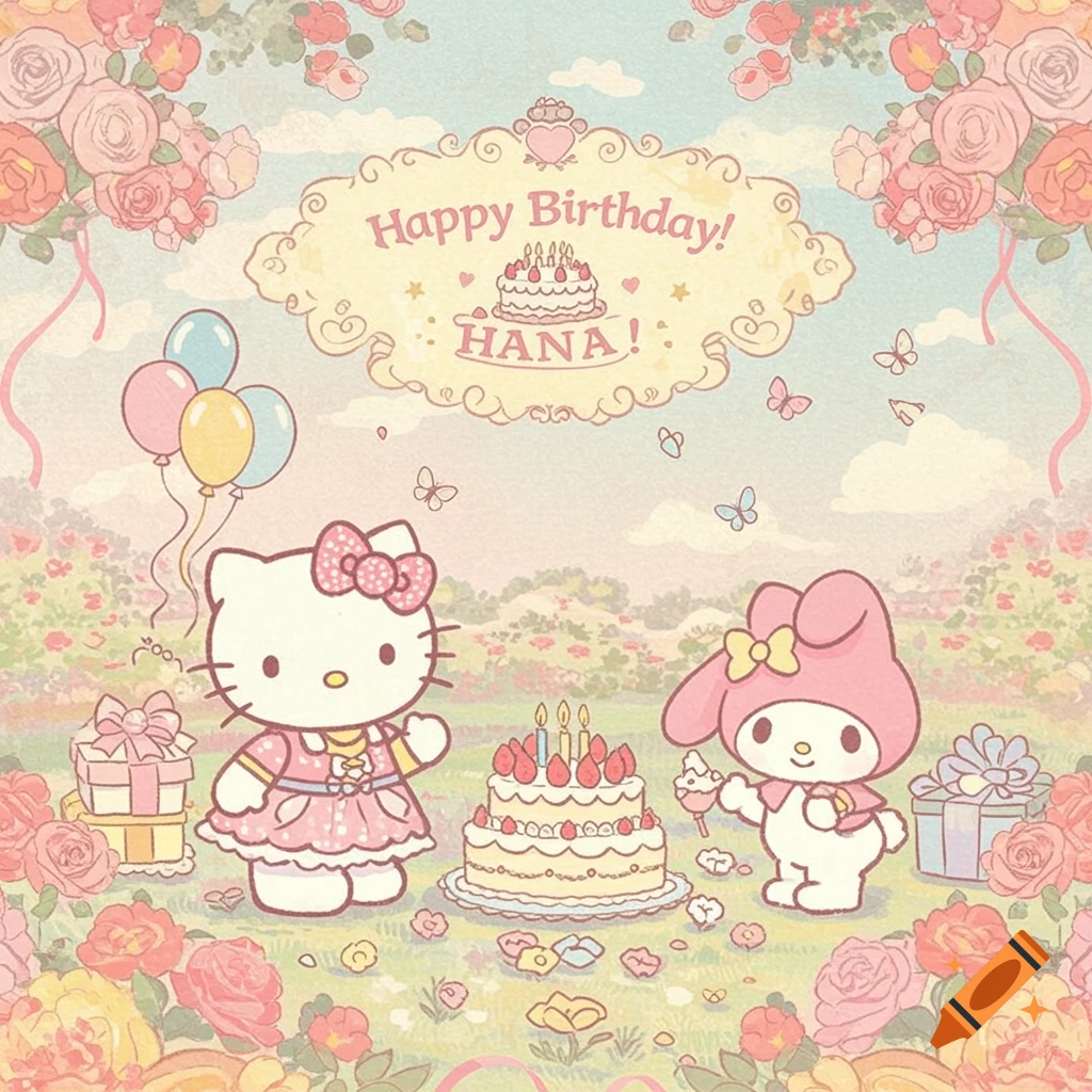 Hello Kitty and My Melody with a birthday cake, gifts, and balloons under a banner that says 'Happy Birthday Hana!' in a garden.