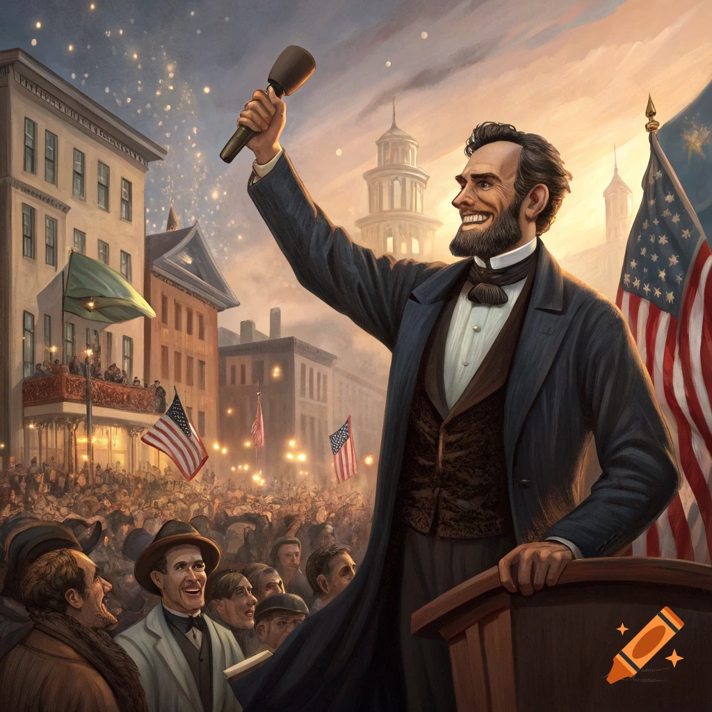 Illustration of Abraham Lincoln giving a speech to a cheering crowd with American flags, set in a historical town square at sunset.