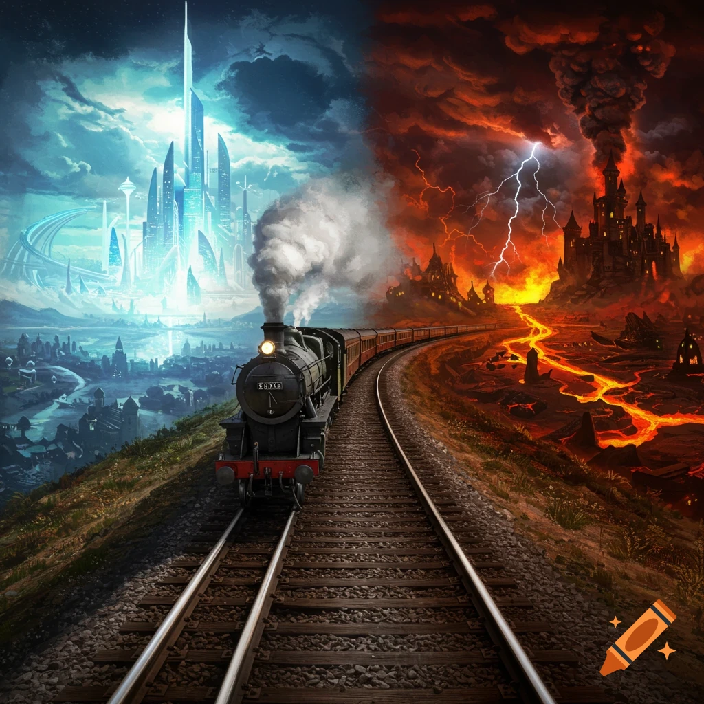 A steam train travels on a track splitting towards a futuristic city and a fiery hellscape, in a painterly fantasy style.