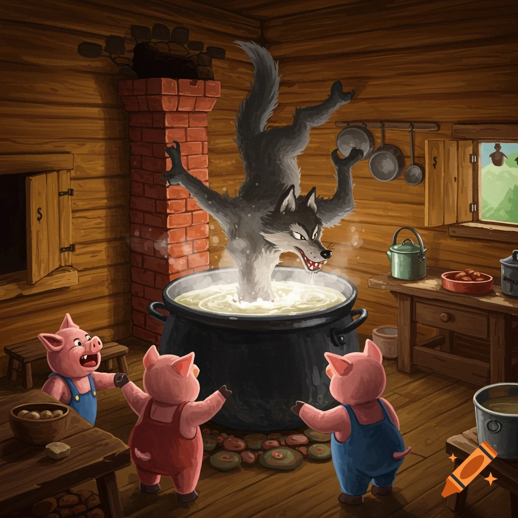 Illustration of the Big Bad Wolf falling into a pot of water watched by three happy pigs in a cabin kitchen.