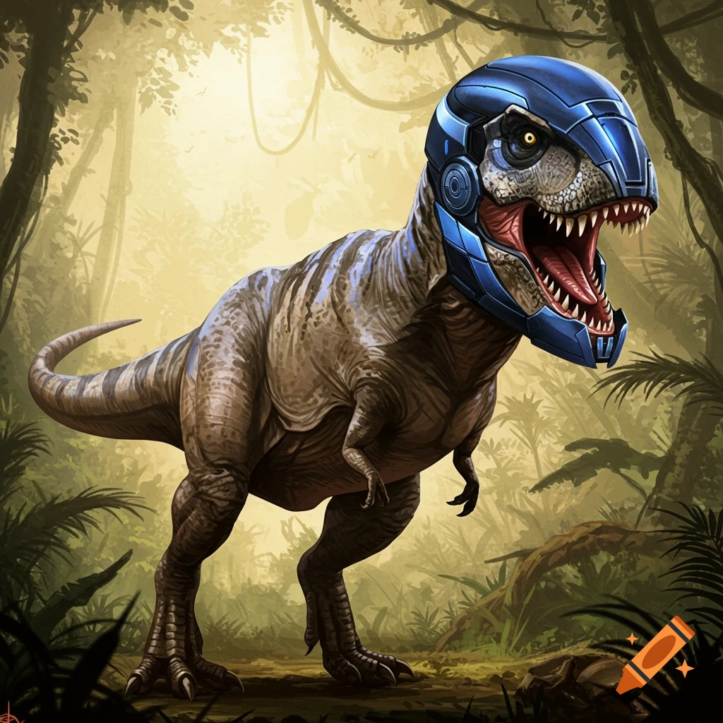 A T-Rex wearing a blue sci-fi helmet stands in a jungle.